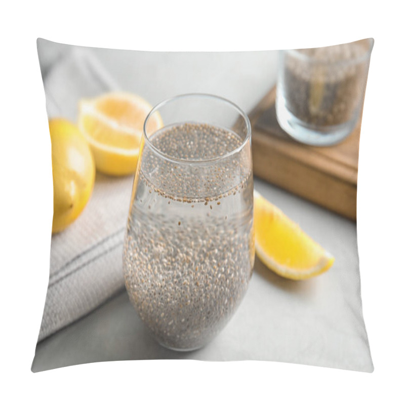 Personality  Composition With Glass Of Water, Chia Seeds And Lemon On Table Pillow Covers