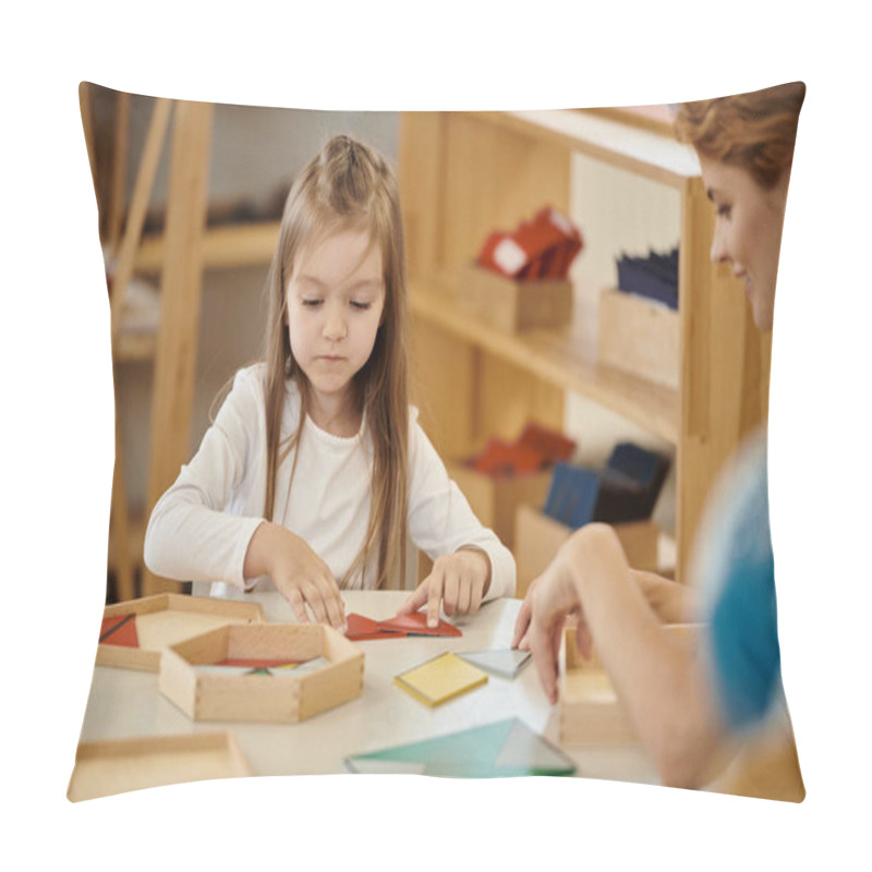 Personality  Smiling Teacher Playing With Girl And Didactic Material On Table In Montessori School Pillow Covers