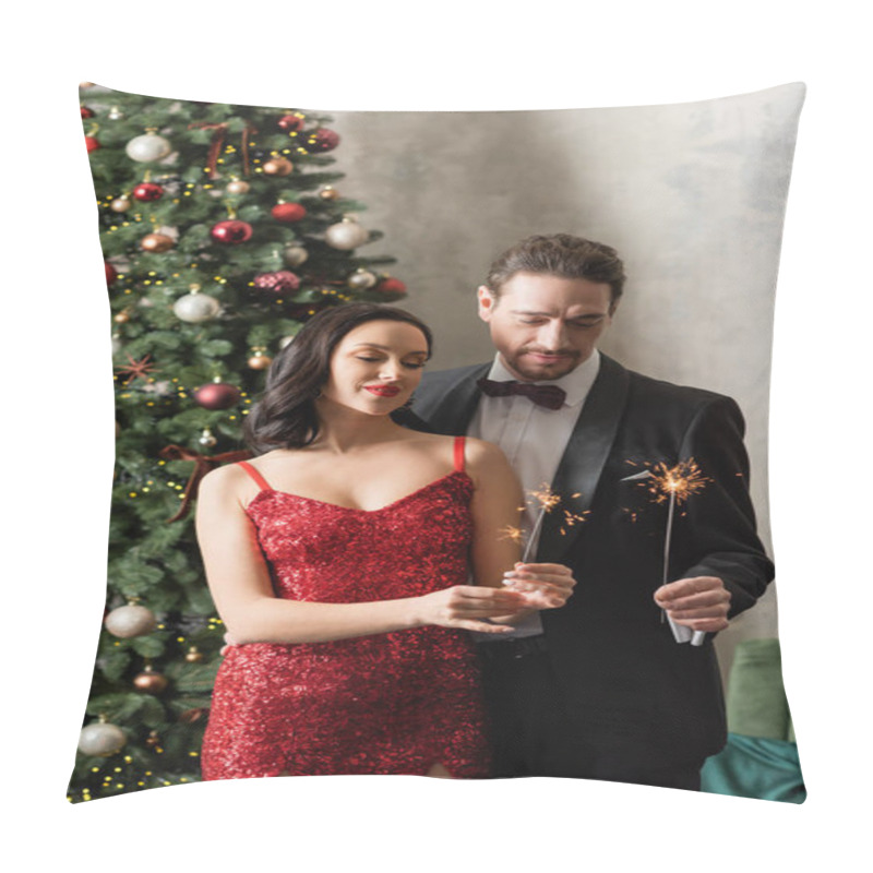 Personality  Beautiful Wealthy Couple In Formal And Elegant Attire Holding Bright Sparklers Near Christmas Tree Pillow Covers