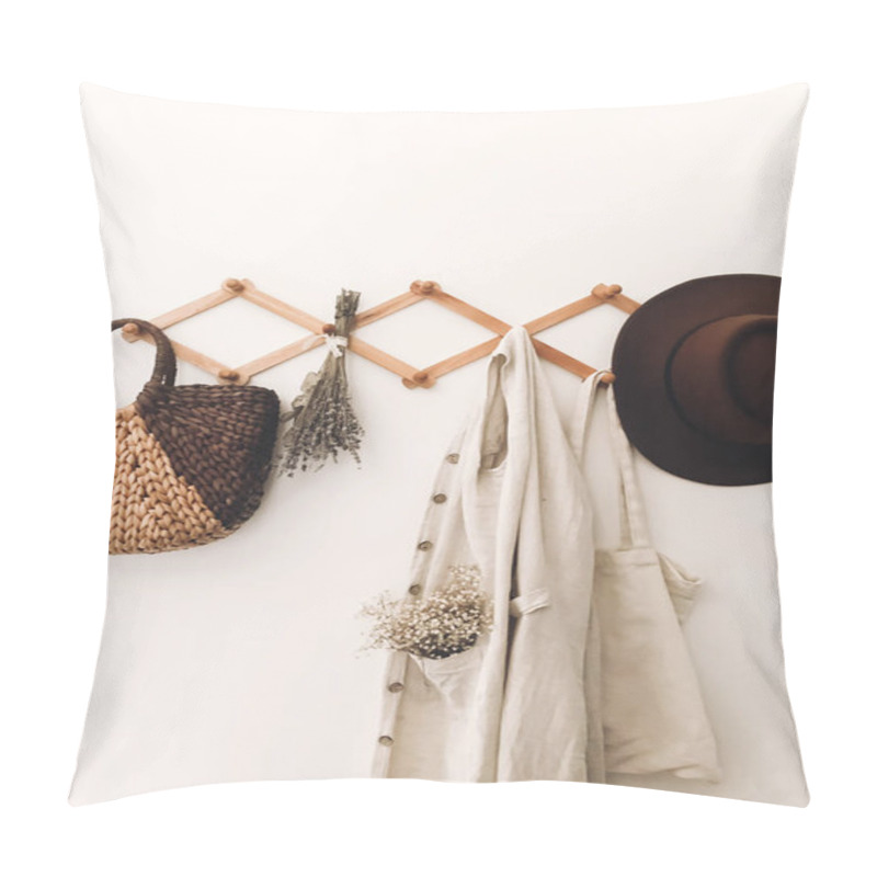 Personality  Stylish Wooden Hanger With Straw Bag, Linen Tote Bag, Brown Hat  Pillow Covers