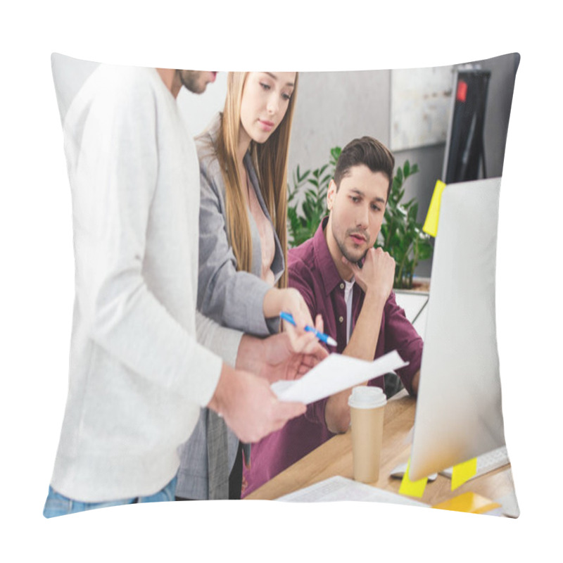 Personality  Partial View Of Business People Discussing New Marketing Strategy At Workplace In Office Pillow Covers