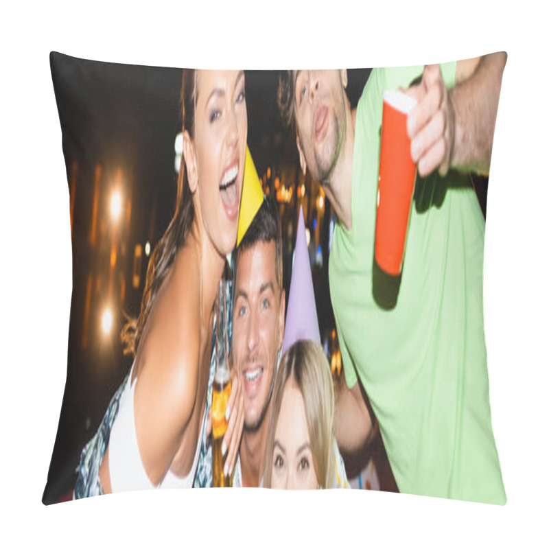 Personality  Panoramic Shot Of Young People In Party Caps Looking At Camera During Party With Beer At Night  Pillow Covers