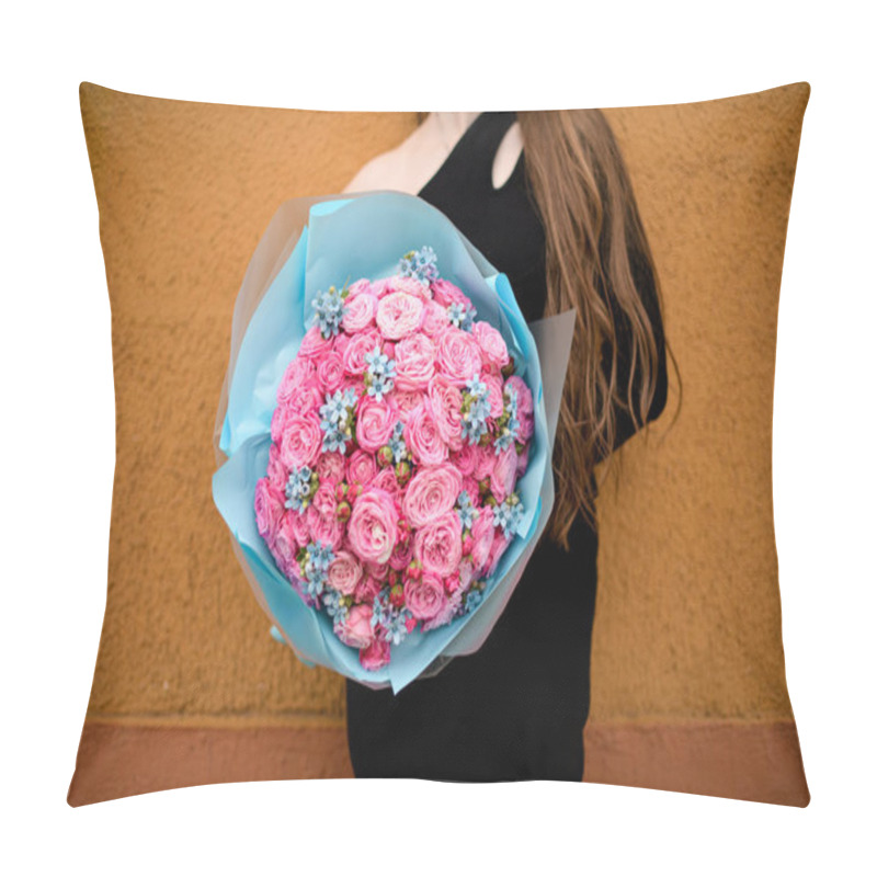 Personality  Selective Focus On Large Bouquet Of Fresh Pink Roses Decorated With Small Blue Flowers Formed With Blue Wrapping Paper. Woman With Bunch Of Flowers. Cropped Shot Pillow Covers