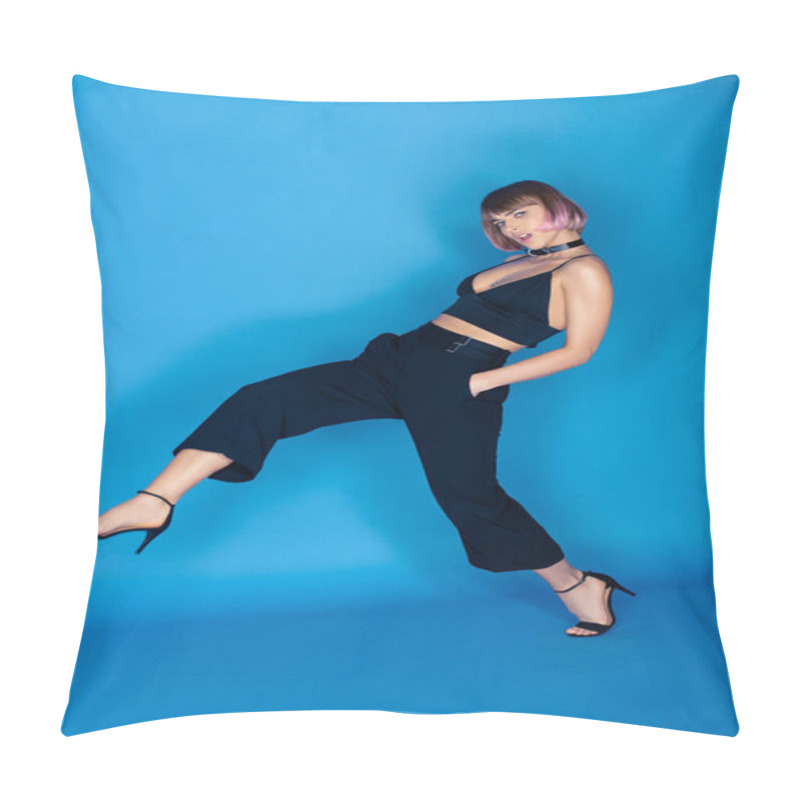 Personality  Beautiful Fashionable Girl Posing With Leg Up On Blue Pillow Covers