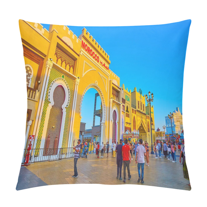 Personality  DUBAI, UAE - MARCH 5, 2020: The Arabic Style Portal Of Morocco Pavilion Of Global Village Dubai With Horseshoe Arch, Islamic Patterns And Reliefs, On March 5 In Dubai Pillow Covers