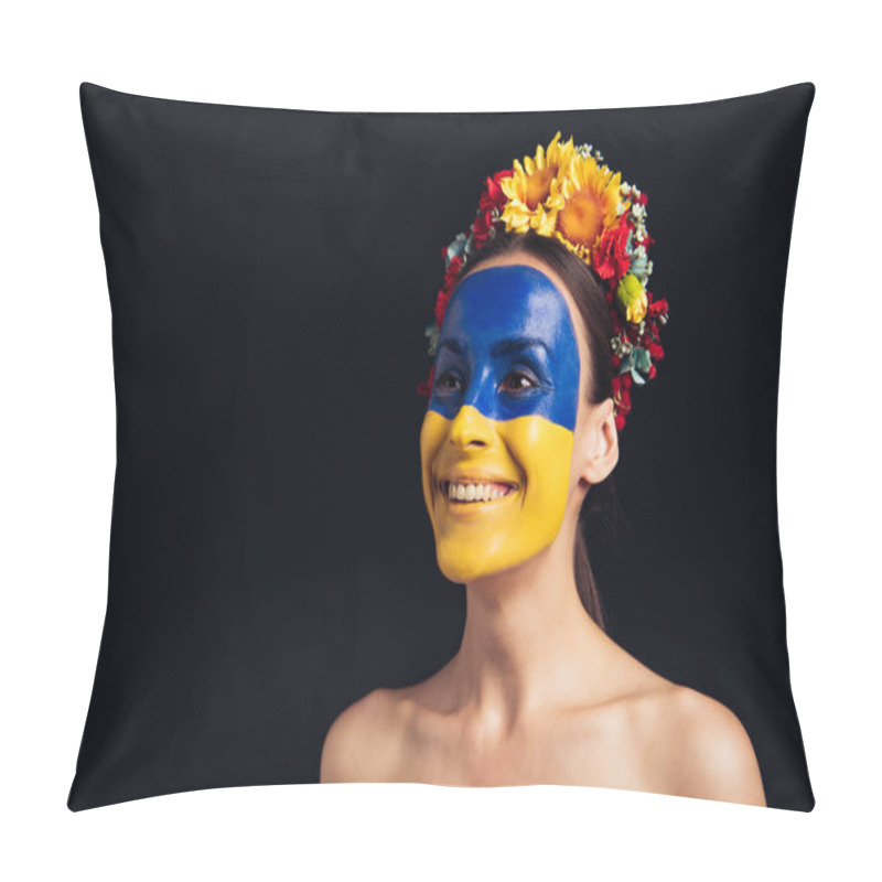 Personality  Happy Naked Young Woman In Floral Wreath With Painted Ukrainian Flag On Skin Isolated On Black Pillow Covers