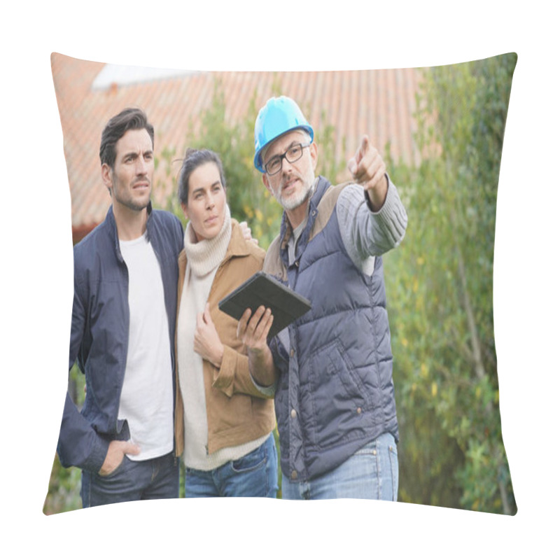 Personality   Builder Going Through Outdoor Plans With Homeowners                                Pillow Covers