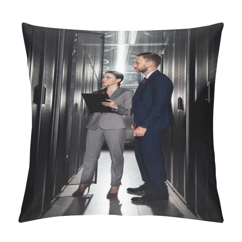 Personality  Attractive Businesswoman Holding Clipboard Near Bearded Businessman In Data Canter  Pillow Covers