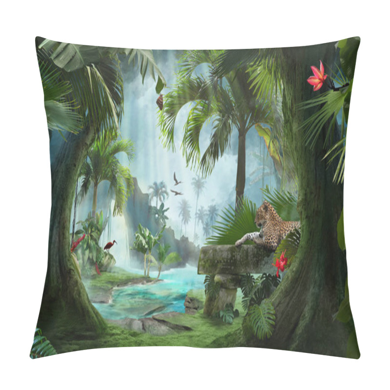 Personality  Beautiful Jungle Beach Lagoon View With A Jaguar, Palm Trees And Tropical Leaves, Can Be Used As Background Pillow Covers