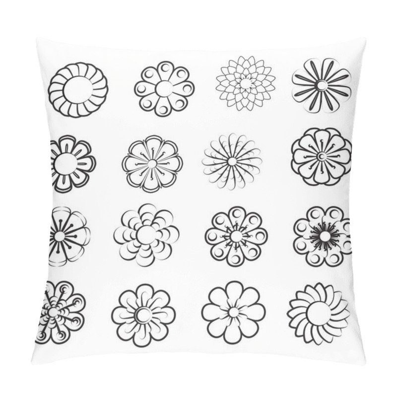 Personality  Monochrome Floral Icon Set Of 16 Silhouette Flowers Isolated On White Background. Stylized Summer Or Spring Flowers, Floral Design Elements. Vector Illustration Pillow Covers