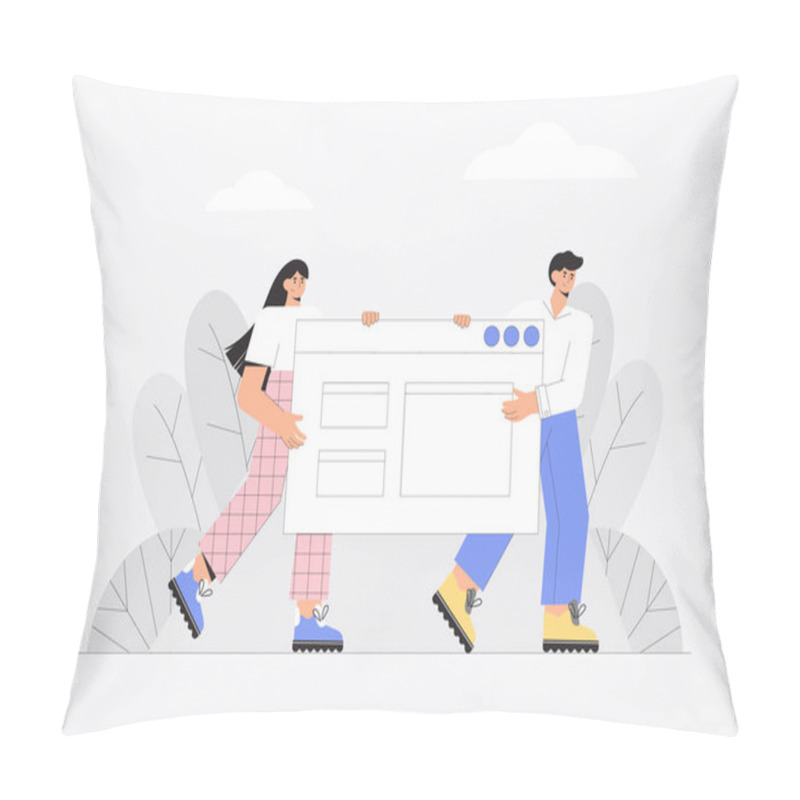 Personality  UI UX Design Concept Of Creating An Application And Teamwork. Two People Hold The Application Window. Flat Modern Style Vector Illustration. Pillow Covers