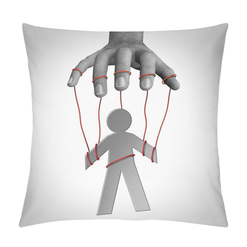 Personality  Manipulator Concept And Puppet Master Symbol As A Person On Strings As An Icon Controlled By Someone That Manipulates And Is Gaslighting For Exploitation Or Domination As Psychological Abuse In A 3D Illustration Style. Pillow Covers