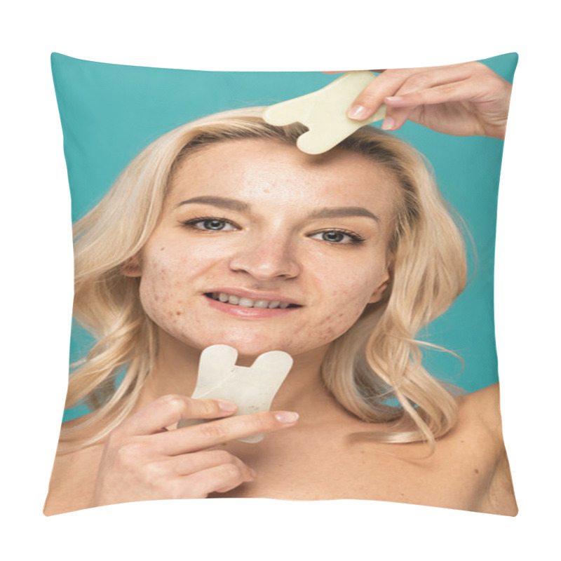 Personality  Cheerful Woman With Blemishes Using Face Scrapers Isolated On Turquoise Pillow Covers