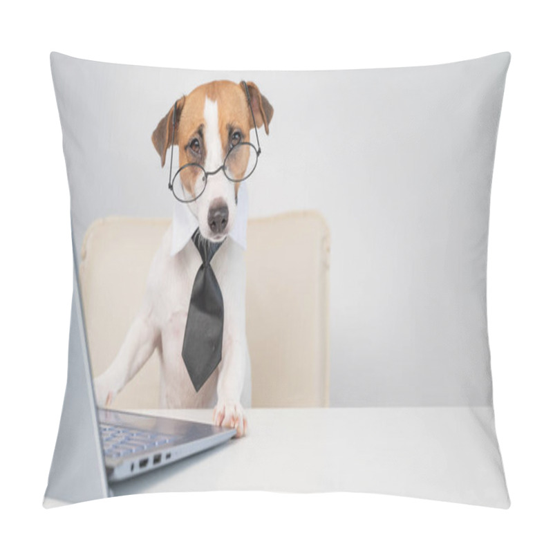 Personality  Dog Jack Russell Terrier In Glasses And A Tie Sits At A Desk And Works At A Computer On A White Background. Humorous Depiction Of A Boss Pet. Pillow Covers