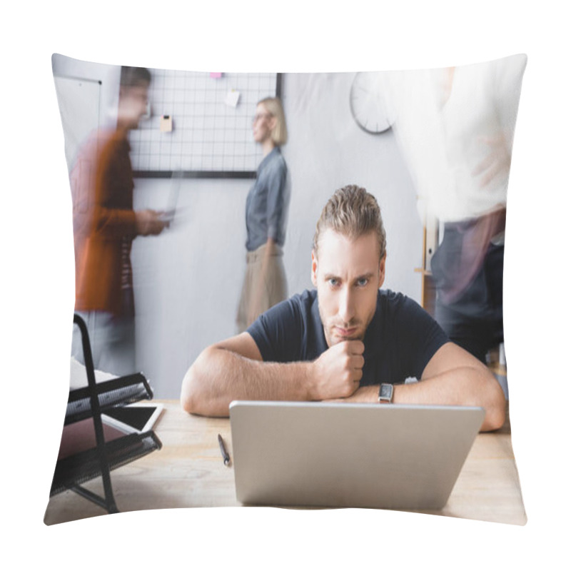 Personality  Serious Manager Sitting With Head On Hands Near Laptop In Open Space Office, Motion Blur Pillow Covers