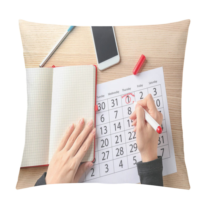 Personality  Woman Marking Date In Calendar And Writing Word ENGAGEMENT At Table Pillow Covers