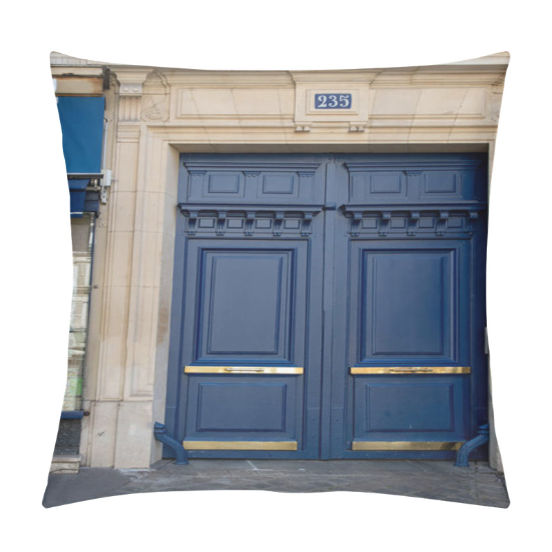 Personality  Elegat Navy Blue Painted Antique Framed Door Of Old Building In Paris France. Matte Painted Wooden Door Panels And Glossy Shiny Golden Metal Plates On Its. Vintage Doorway Of Ancient Stone House Pillow Covers