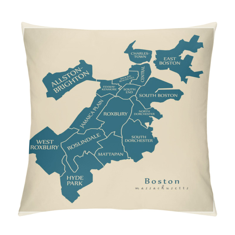 Personality  Modern City Map - Boston Massachusetts City Of The USA With Boroughs And Titles Pillow Covers