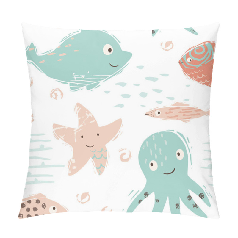 Personality  Sea Baby Cute Seamless Pattern. Sweet Starfish, Fish, Octopus Print Pillow Covers