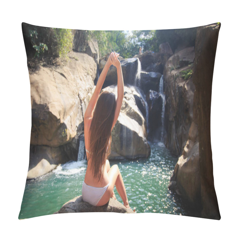 Personality  Closeup Backside View Young Blonde Long-haired Girl In Bikini Sits On Rock By Foamy Mountain River In Tropics Pillow Covers