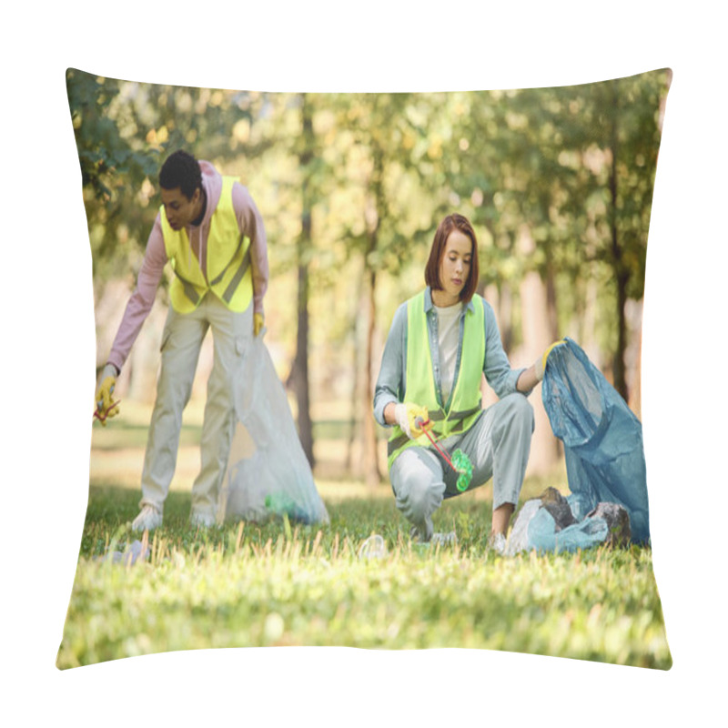 Personality  Diverse Couple In Safety Vests And Gloves Stand On Grassy Field, Actively Participating In A Park Clean-up Event. Pillow Covers