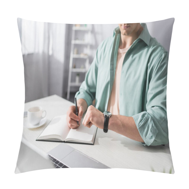 Personality  Cropped View Of Freelancer Checking Time On Wristwatch While Working With Notebook And Laptop At Home, Concept Of Time Management  Pillow Covers