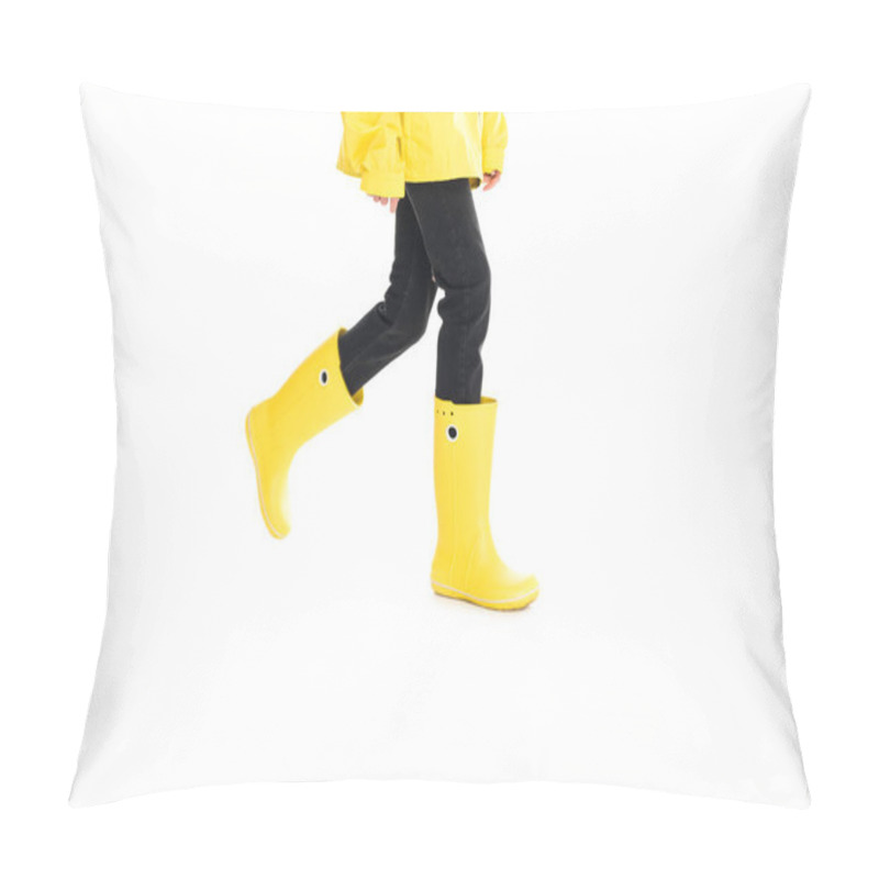 Personality  Partial View Of Woman In Yellow Raincoat And Rain Boots Isolated On White Pillow Covers