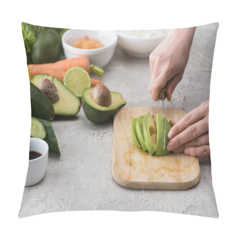 Personality  Cropped View Of Woman Cutting Avocado With Knife On Cutting Board Among Ingredients  Pillow Covers