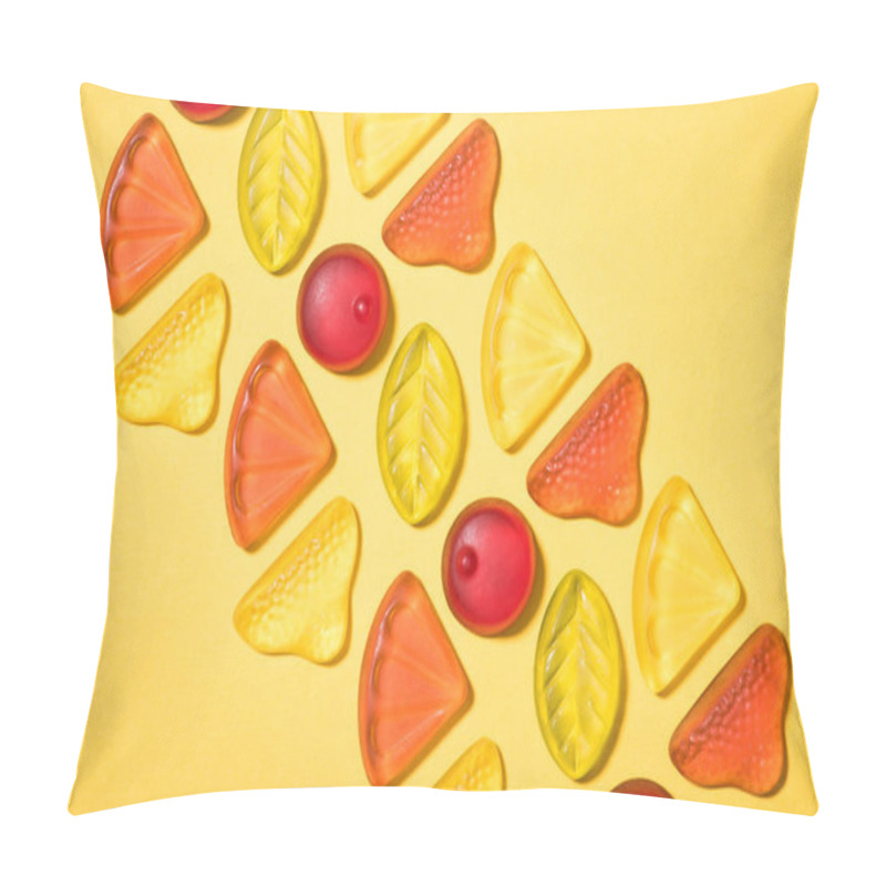 Personality  Top View Of Gummy Fruits In Row On Yellow Surface Pillow Covers