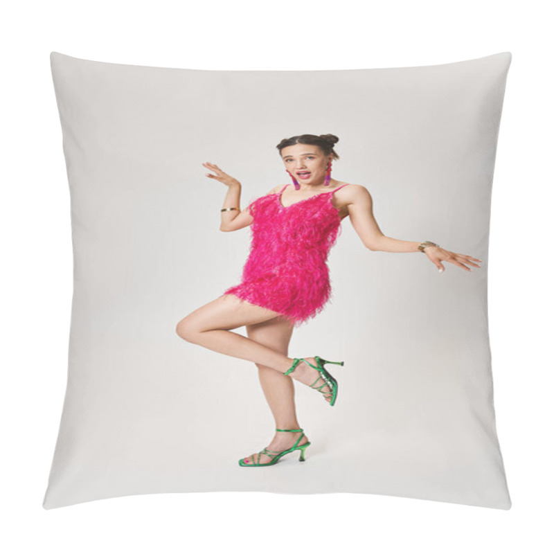 Personality  Cheerful Young Lady In Stylish Pink Dress Dances Joyfully, Smiling At Camera On Grey Background Pillow Covers