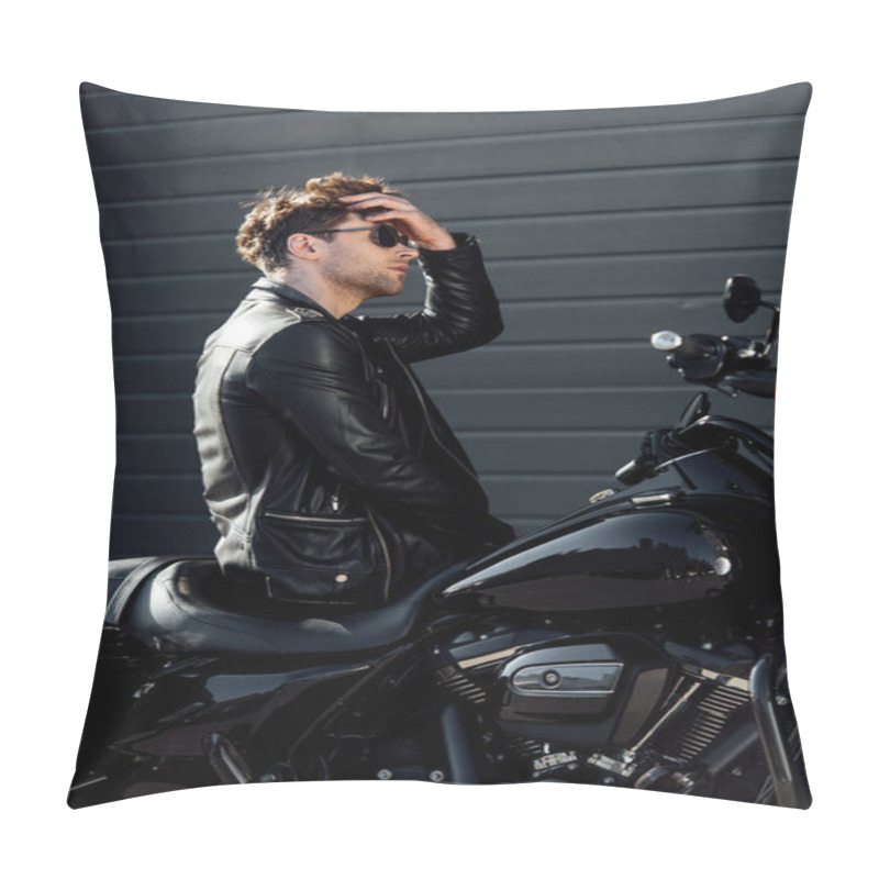 Personality  Handsome Young Man Sitting On Motorcycle And Readjusting Hair  Pillow Covers