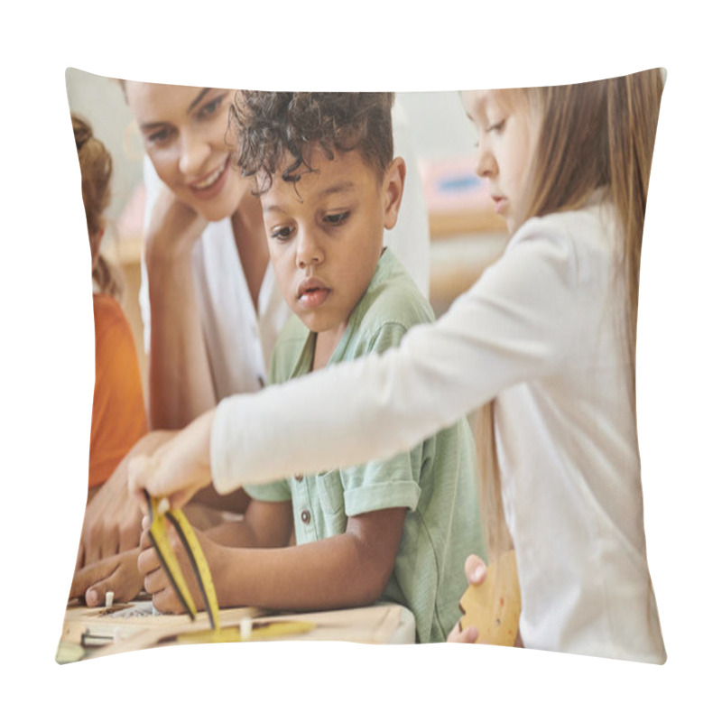 Personality  Multiethnic Kids Playing Together Near Blurred Teacher In Montessori School Pillow Covers