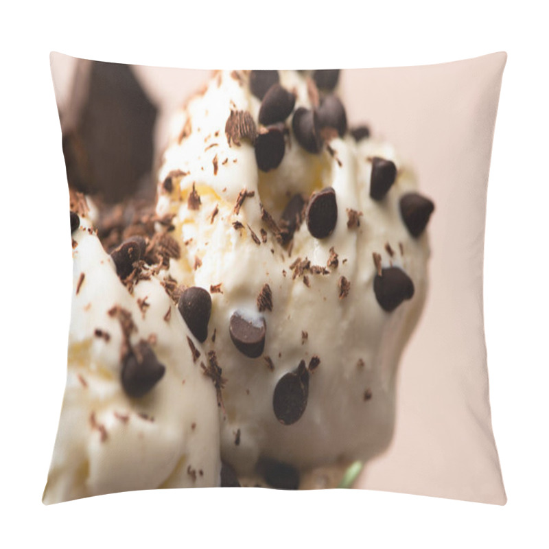 Personality  Selective Focus Of Ice Cream With Chocolate Morsels On Beige Background Pillow Covers