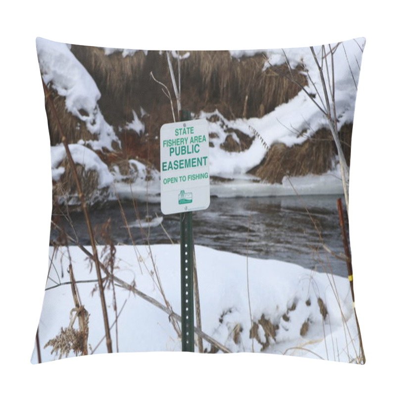 Personality  New Haven, WI / USA  - January 12 / 2020: Easement Sign To Notify Public Fishing Is Allowed Pillow Covers