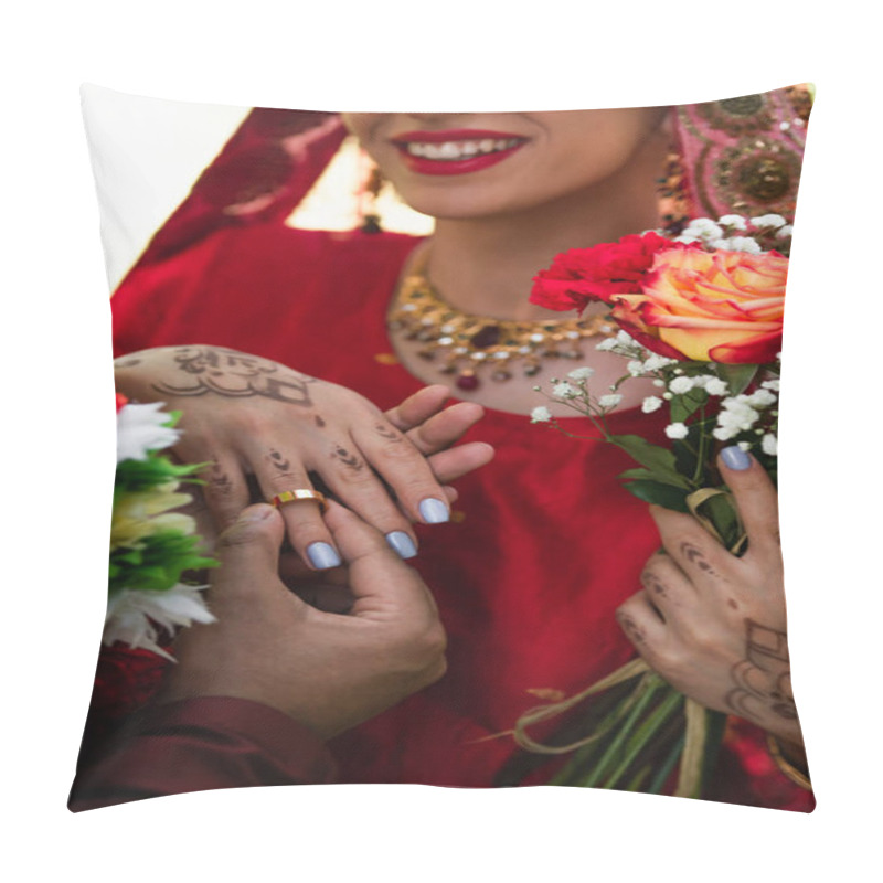 Personality  Partial View Of Happy Indian Man Wearing Wedding Ring On Finger Of Bride  Pillow Covers