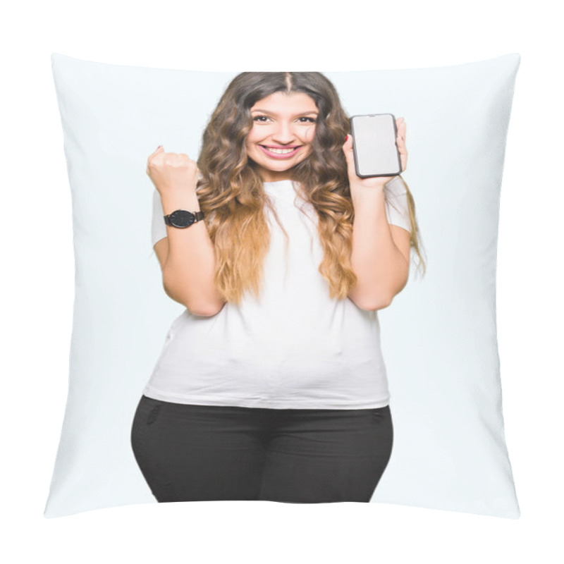 Personality  Young Adult Woman Showing Smartphone Screen Screaming Proud And Celebrating Victory And Success Very Excited, Cheering Emotion Pillow Covers