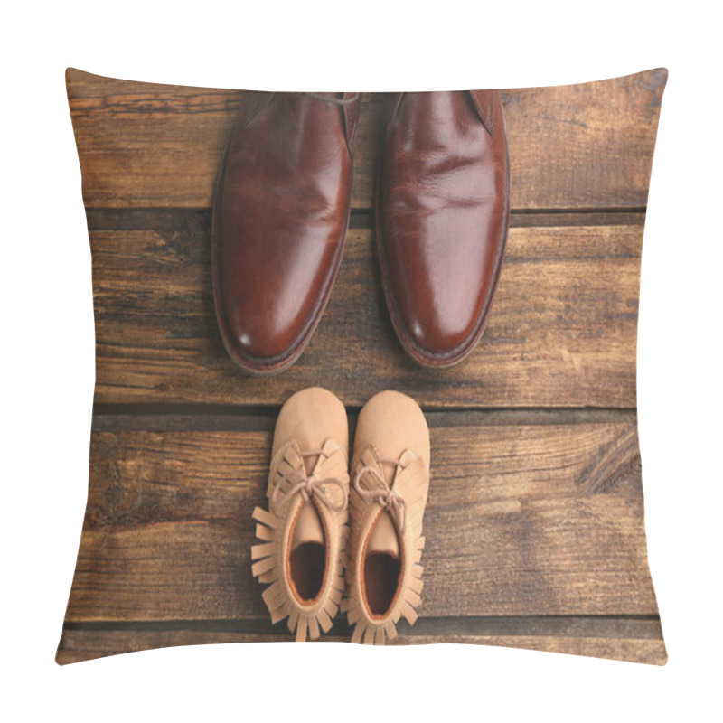 Personality  Dad And Son's Shoes On Wooden Background, Flat Lay. Happy Father's Day Pillow Covers