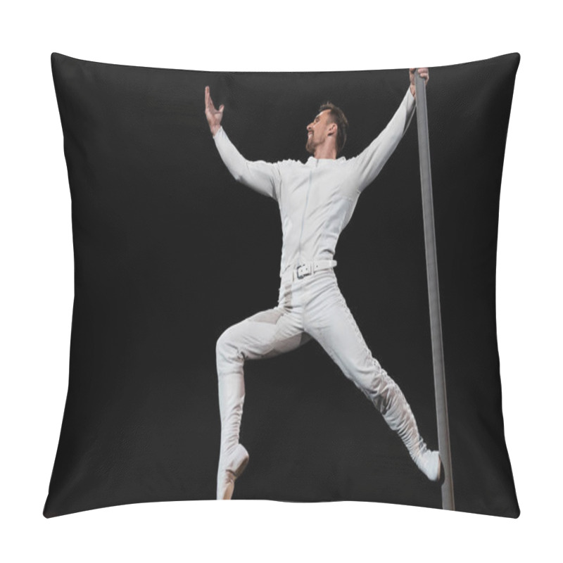 Personality  Strong Acrobat Posing While Performing And Holding Metallic Pole Isolated On Black  Pillow Covers