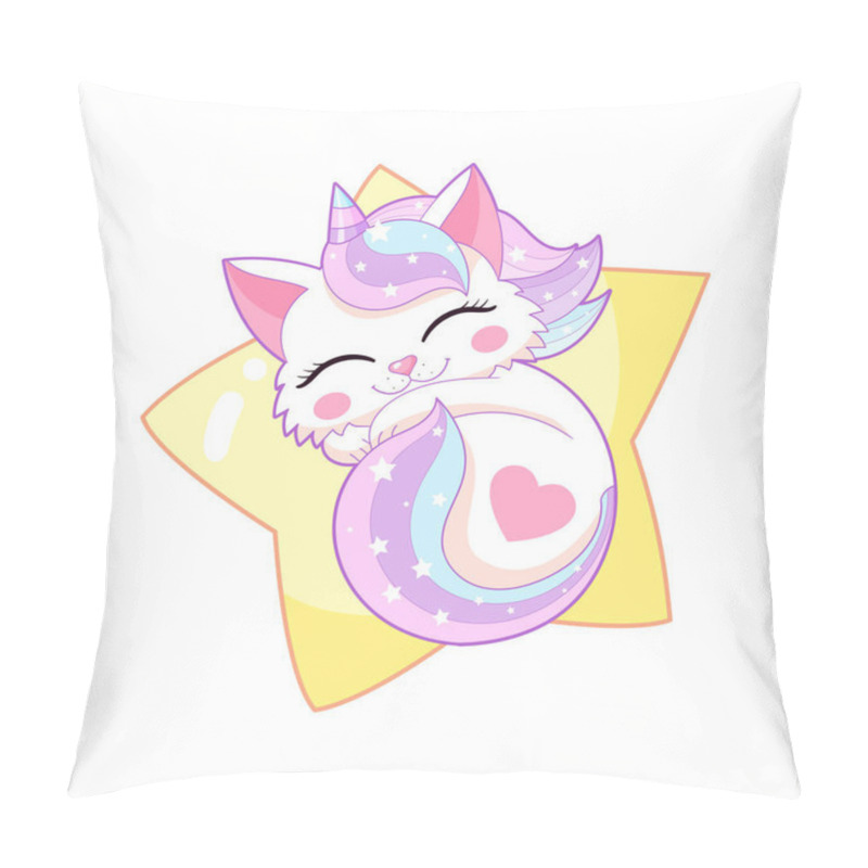 Personality  Cute Unicorn Kitten With Rainbow Mane Sleeps On A Star. Kawaii Style Drawing. Isolated On White Background. For Childrens Design Of Prints, Posters, Cards, T-shirts, Cups, Etc. Vector Illustration Pillow Covers