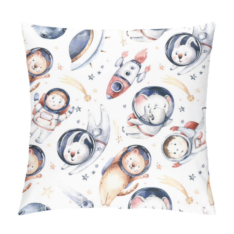 Personality  Astronaut Seamless Pattern. Universe Kids Baby Boy Girl Elephant, Fox Cat And Bunny, Space Suit, Cosmonaut Stars, Planet, Moon, Rocket And Shuttle Watercolor Space Ship Background. Pillow Covers