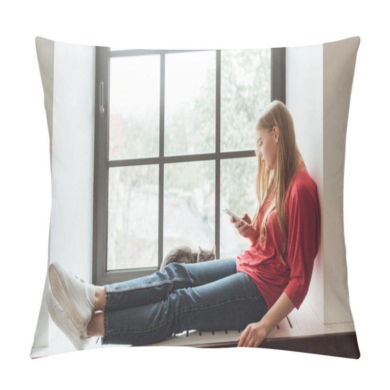 Personality  Young Woman Sitting On Window Sill With Cat And Using Smartphone  Pillow Covers