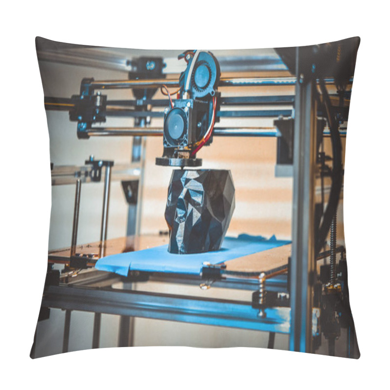 Personality  3D Printer Printing A Model In The Form Of Black Skull Close-up. Pillow Covers