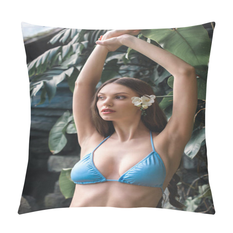 Personality  Beautiful Young Woman In Blue Bikini With Flower In Hair Posing On Tropical Resort Pillow Covers