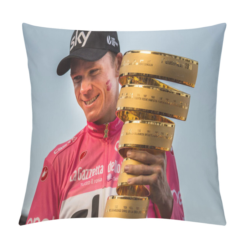 Personality  Roma, Italy May 27, 2018: Chris Froome, In Pink Jersey, Celebrates The Victory Of 101th Giro D'Italia 2018 On The Podium In Rome And Holds The Infinite Trophy In His Hands. Pillow Covers