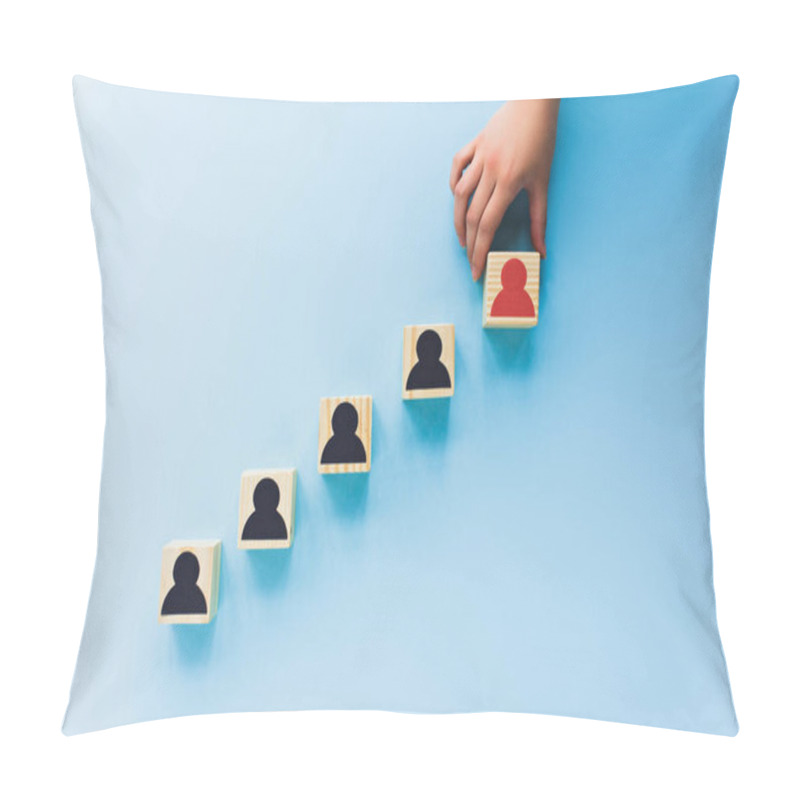 Personality  Partial View Of Hand And Wooden Blocks With Black And Red Human Icons On Blue Background, Leadership Concept Pillow Covers