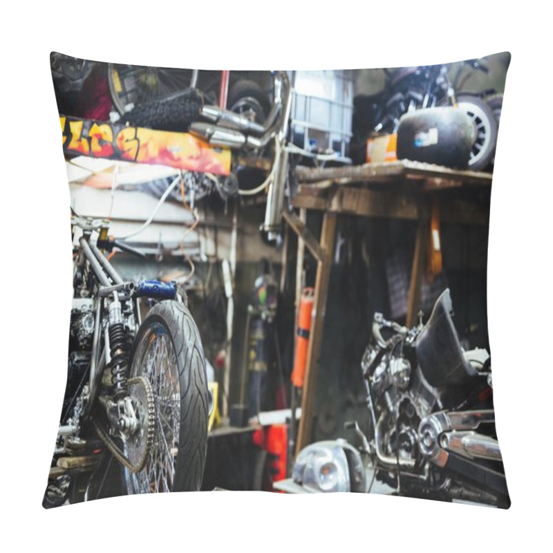 Personality  Background Image  Of Disassembled Motorcycle Ready For Repairing In Mechanics Garage Pillow Covers