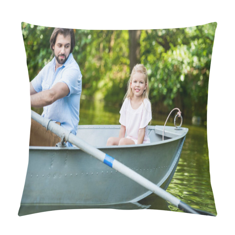 Personality  Side View Of Father And Daughter Riding Boat On Lake At Park Pillow Covers