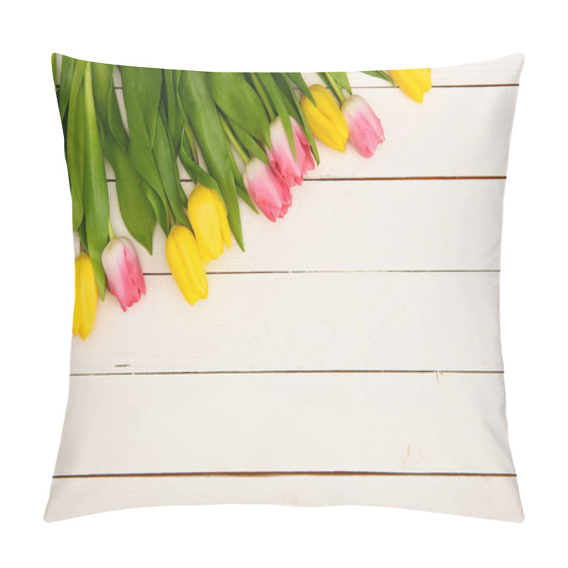 Personality  Top View Of Beautiful Pink And Yellow Blooming Tulips On Wooden Surface Pillow Covers