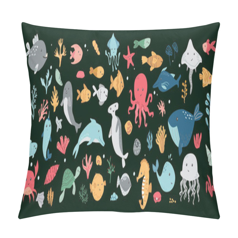 Personality  Collection Of Marine Life Elements - Whales, Dolphins, And Sea Creatures On Dark Background. Kids Sea Animals Big Bundle. Pillow Covers