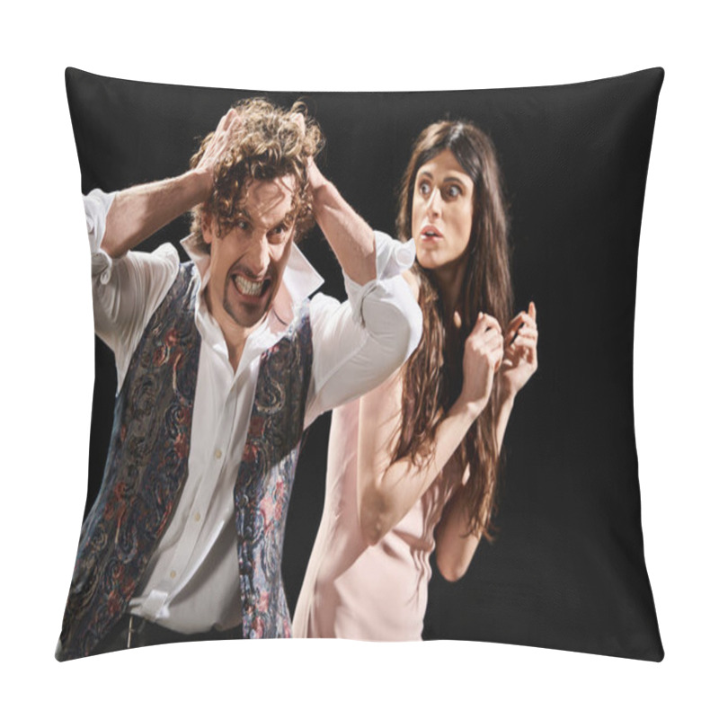 Personality  A Man And A Woman Standing Side By Side, Immersed In Rehearsal For A Theater Performance. Pillow Covers